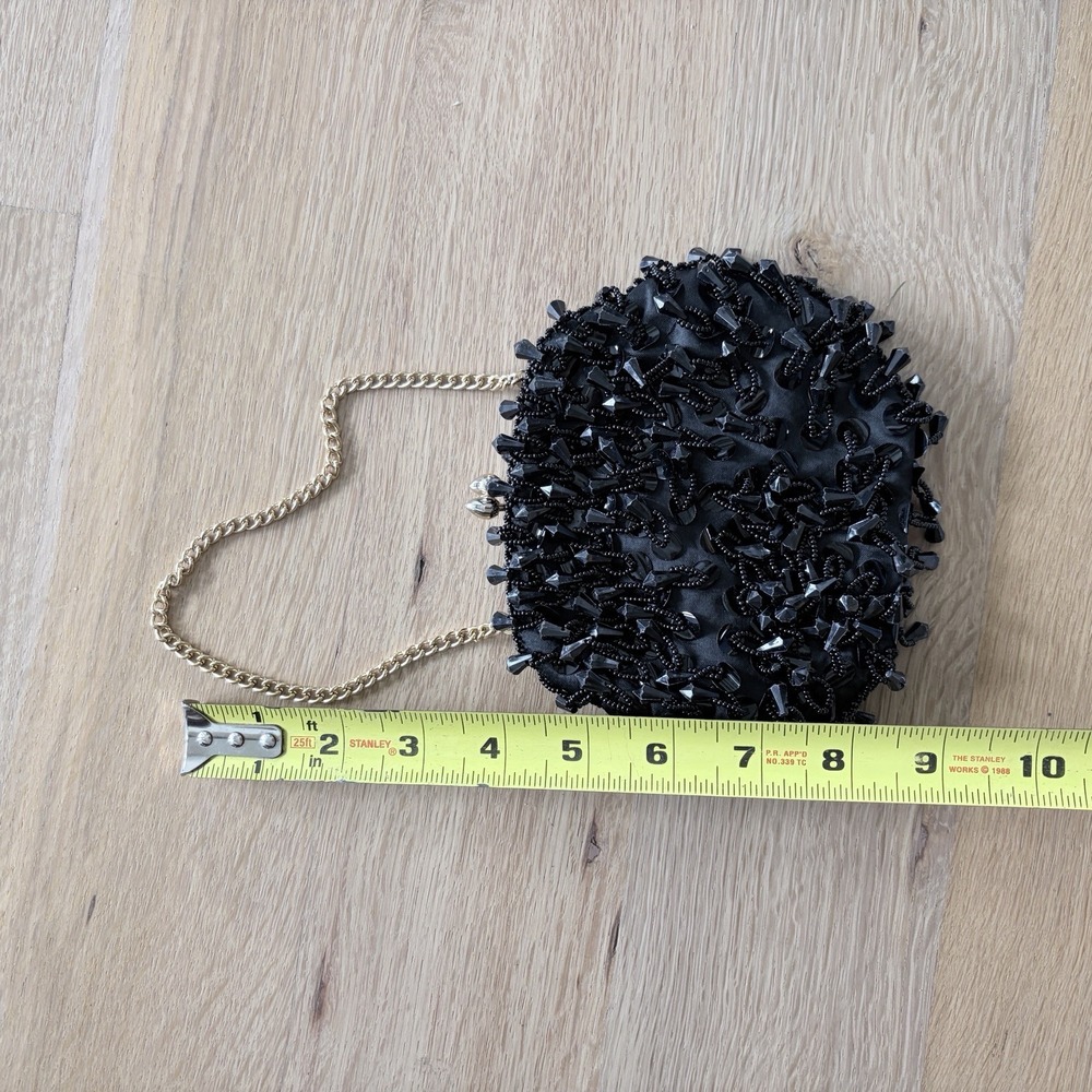 Black Beaded Clutch Purse, Kiss Lock, Gold Shoulder Chain Strap, Lined - Picture 3 of 5